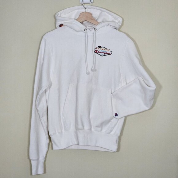Champion Hoodie Womens XS White Graphic Print Kanga Pocket LS Reverse Weave FLAW - Picture 1 of 16